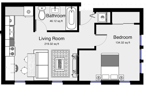 Floor plan for 1 bed, 1 bath, 619 sqft